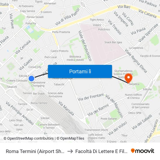 Roma Termini (Airport Shuttles) to Facoltà Di Lettere E Filosofia map