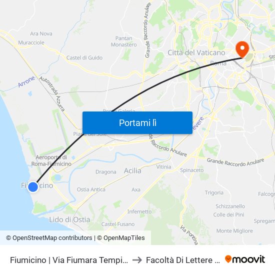 Fiumicino | Via Fiumara Tempio Della Fortuna to Facoltà Di Lettere E Filosofia map