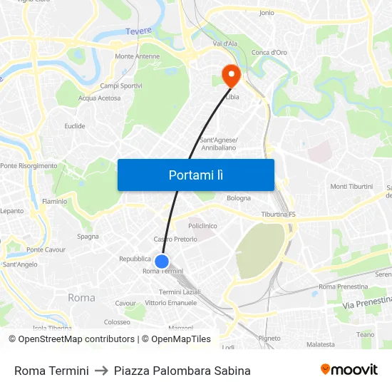 Roma Termini to Piazza Palombara Sabina map