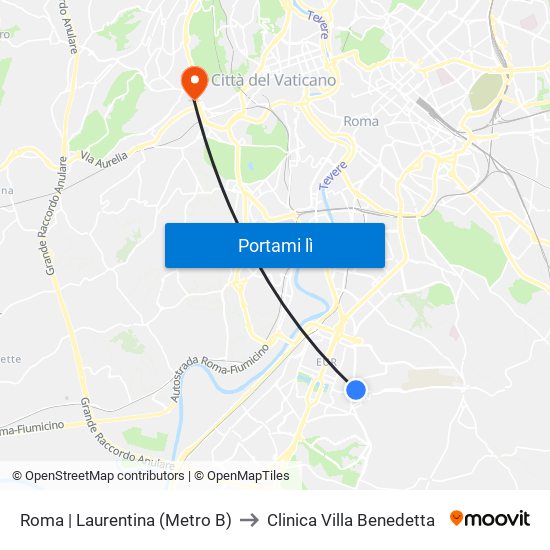 Roma | Laurentina (Metro B) to Clinica Villa Benedetta map