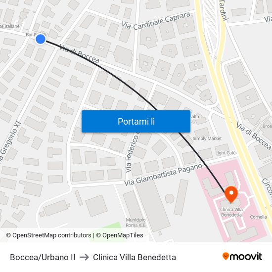 Boccea/Urbano II to Clinica Villa Benedetta map
