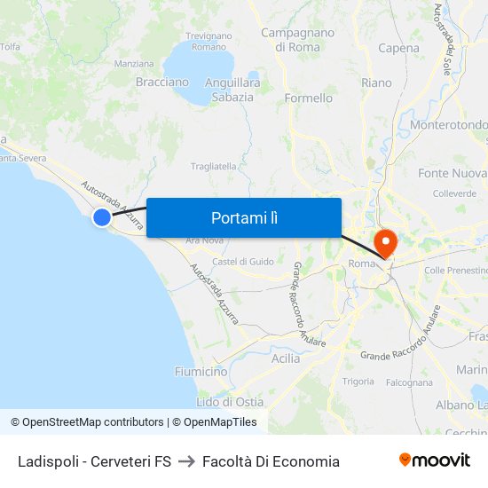 Ladispoli - Cerveteri FS to Facoltà Di Economia map