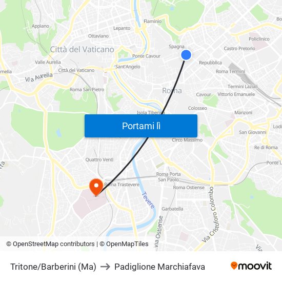 Tritone/Barberini (Ma) to Padiglione Marchiafava map