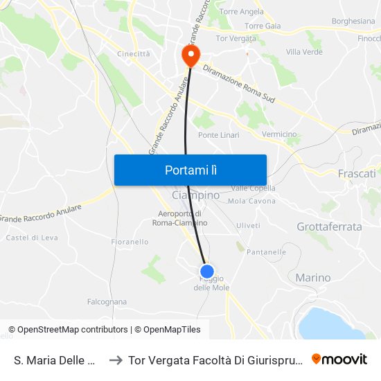 S. Maria Delle Mole to Tor Vergata Facoltà Di Giurisprudenza map