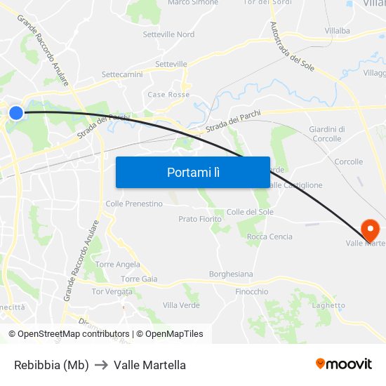 Rebibbia (Mb) to Valle Martella map
