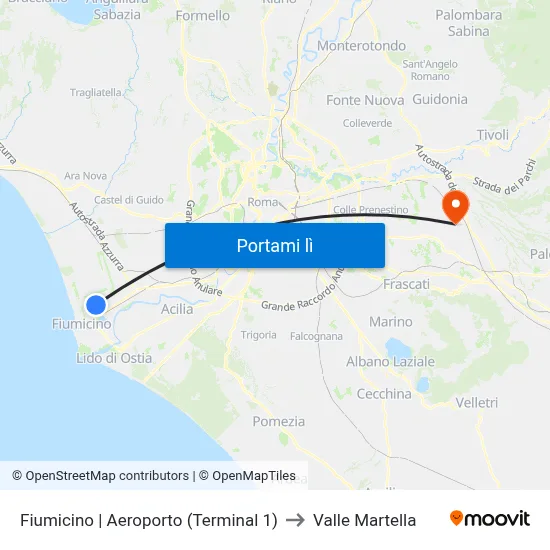Fiumicino | Aeroporto (Terminal 1) to Valle Martella map