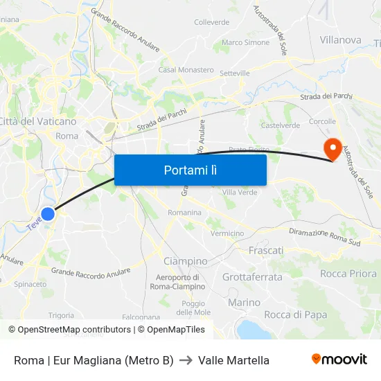 Roma | Eur Magliana (Metro B) to Valle Martella map