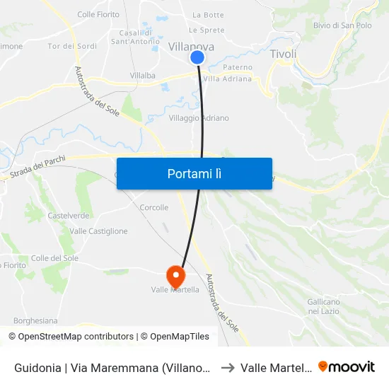 Guidonia | Via Maremmana (Villanova) to Valle Martella map
