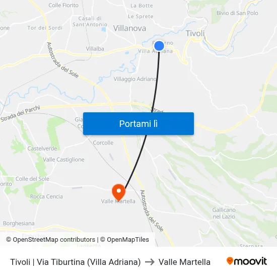 Tivoli | Via Tiburtina (Villa Adriana) to Valle Martella map