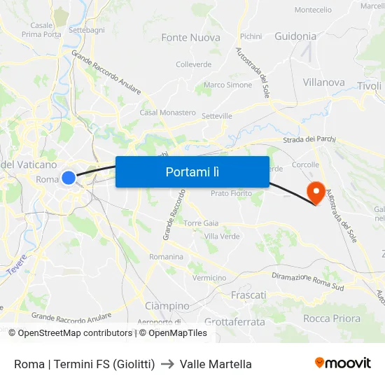 Roma | Termini FS (Giolitti) to Valle Martella map