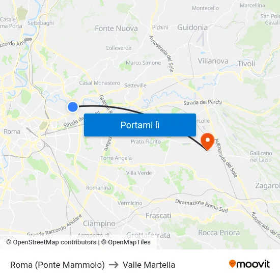 Roma (Ponte Mammolo) to Valle Martella map
