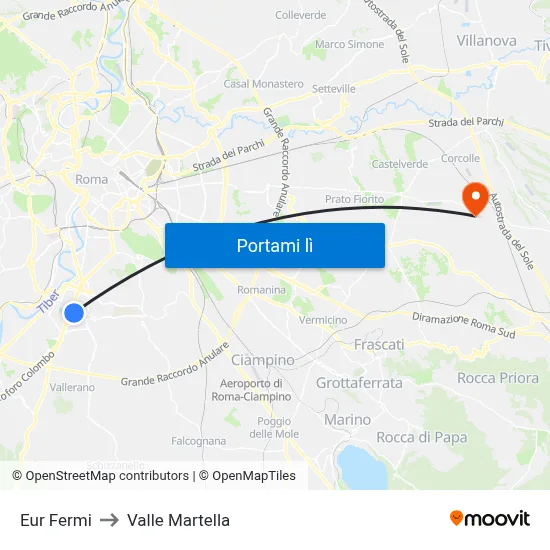 Eur Fermi to Valle Martella map