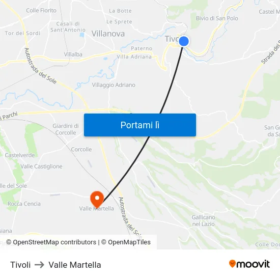 Tivoli to Valle Martella map