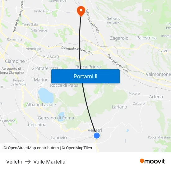 Velletri to Valle Martella map