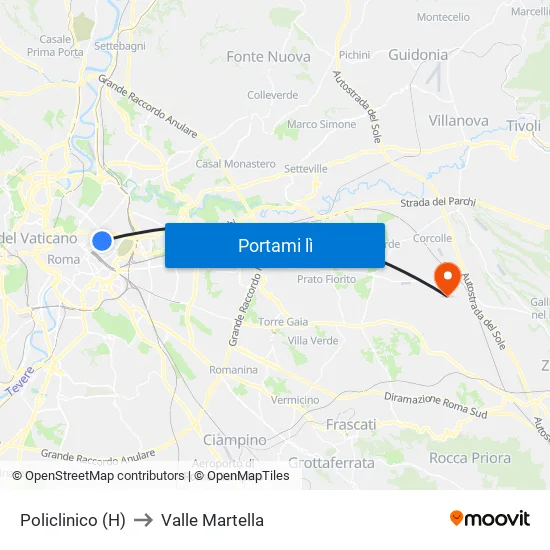 Policlinico (H) to Valle Martella map
