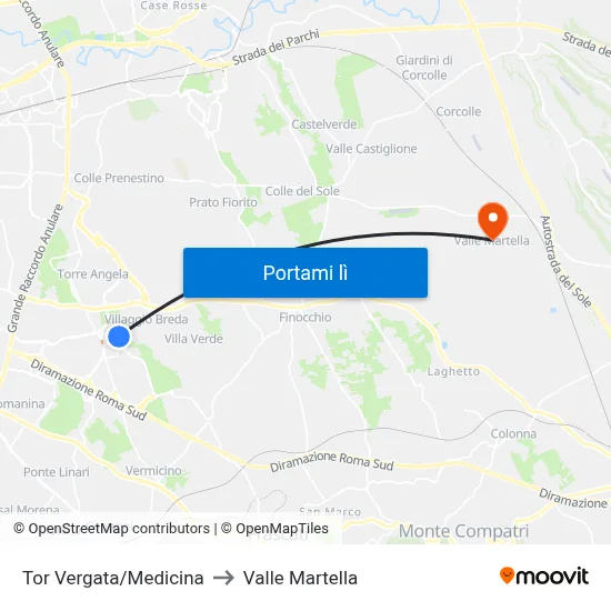 Tor Vergata/Medicina to Valle Martella map