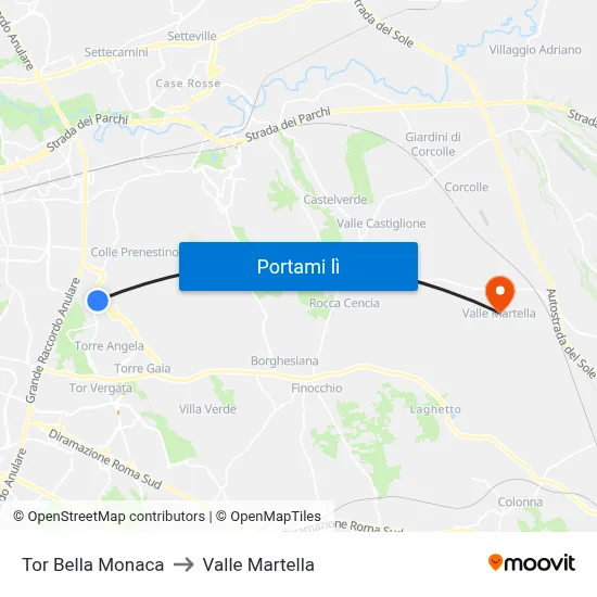 Tor Bella Monaca to Valle Martella map