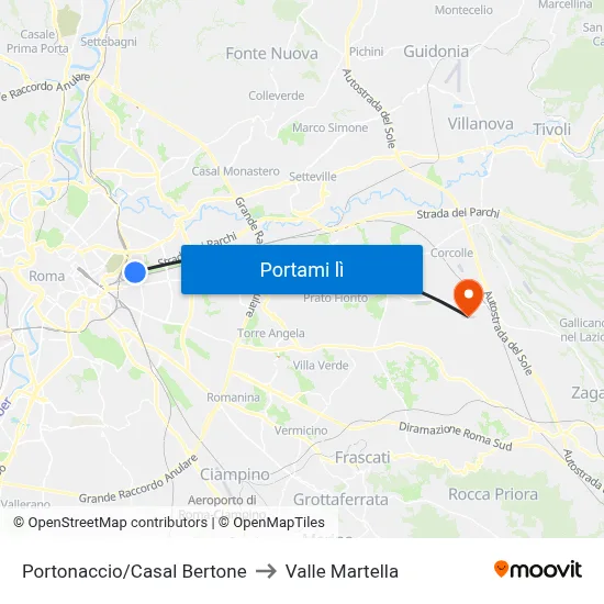 Portonaccio/Casal Bertone to Valle Martella map