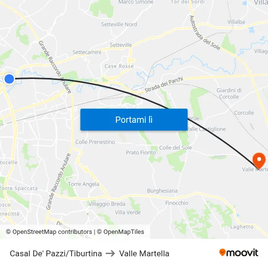 Casal De' Pazzi/Tiburtina to Valle Martella map