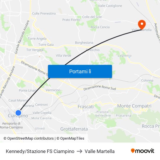 Kennedy/Stazione FS Ciampino to Valle Martella map