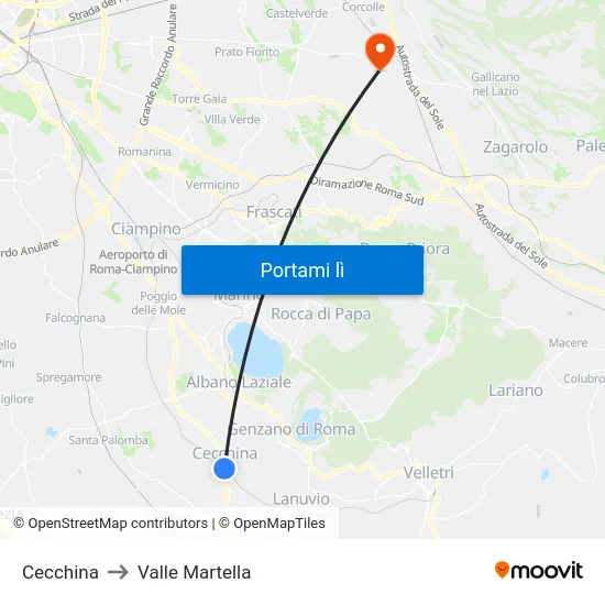 Cecchina to Valle Martella map
