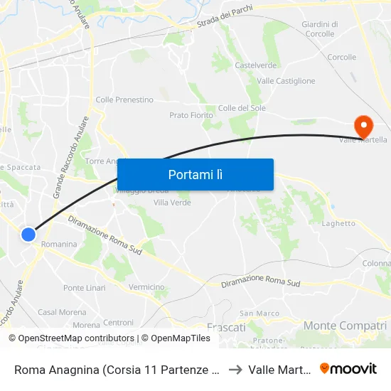 Roma Anagnina (Corsia 11 Partenze Cotral) to Valle Martella map