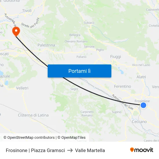 Frosinone | Piazza Gramsci to Valle Martella map