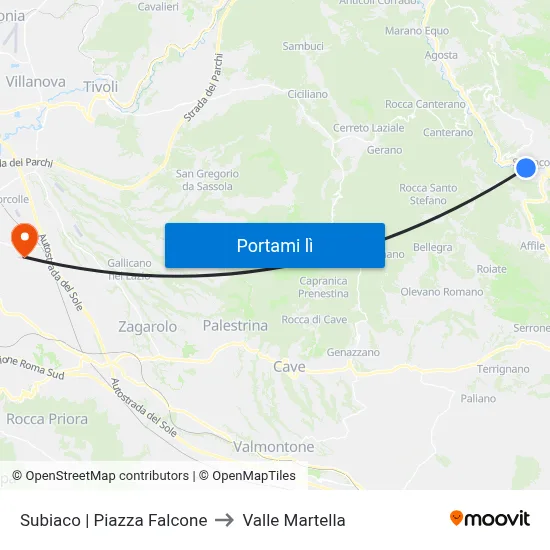 Subiaco | Piazza Falcone to Valle Martella map