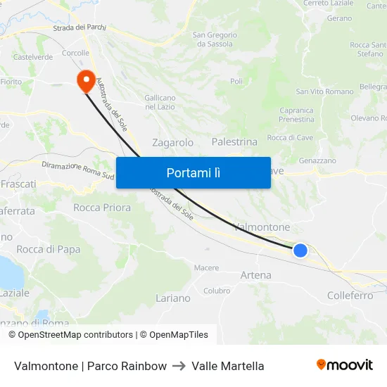 Valmontone | Parco Rainbow to Valle Martella map