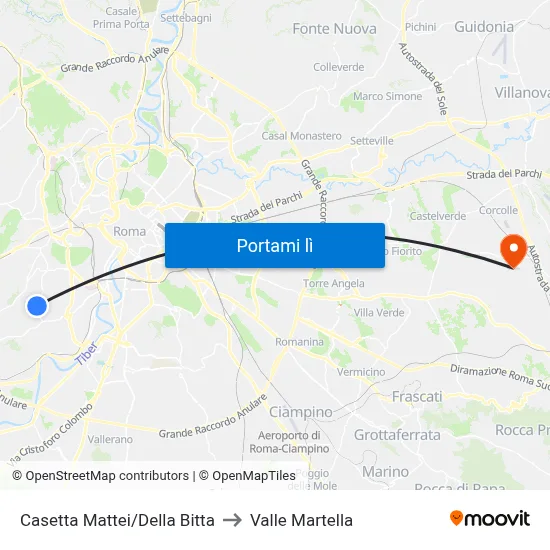 Casetta Mattei/Della Bitta to Valle Martella map