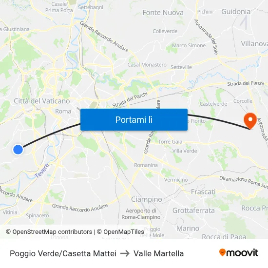 Poggio Verde/Casetta Mattei to Valle Martella map