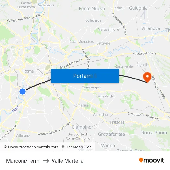 Marconi/Fermi to Valle Martella map