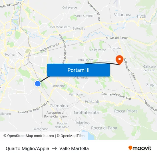 Quarto Miglio/Appia to Valle Martella map