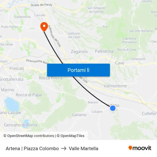 Artena | Piazza Colombo to Valle Martella map