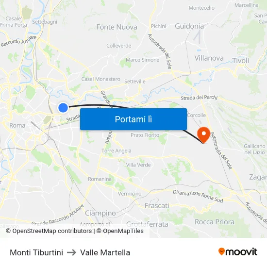 Monti Tiburtini to Valle Martella map