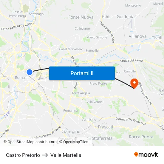 Castro Pretorio to Valle Martella map