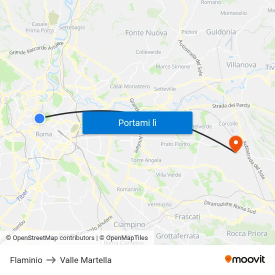 Flaminio to Valle Martella map