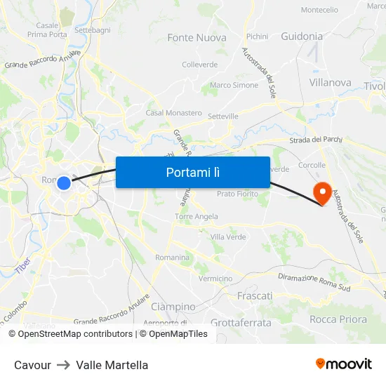 Cavour to Valle Martella map