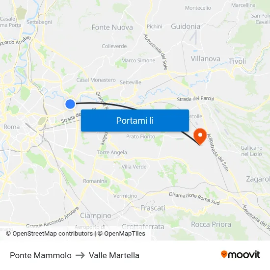 Ponte Mammolo to Valle Martella map