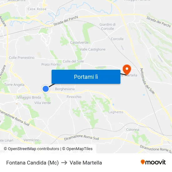 Fontana Candida (Mc) to Valle Martella map