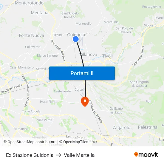 Ex Stazione Guidonia to Valle Martella map