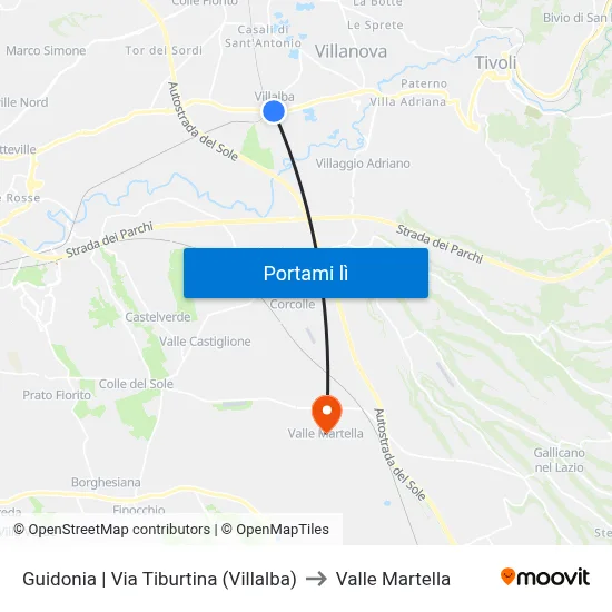 Guidonia | Via Tiburtina (Villalba) to Valle Martella map