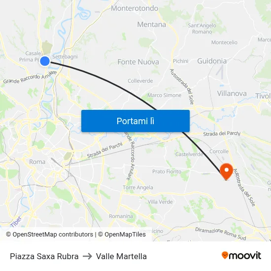 Piazza Saxa Rubra to Valle Martella map