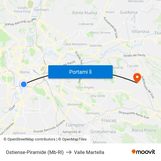 Ostiense-Piramide (Mb-Rl) to Valle Martella map