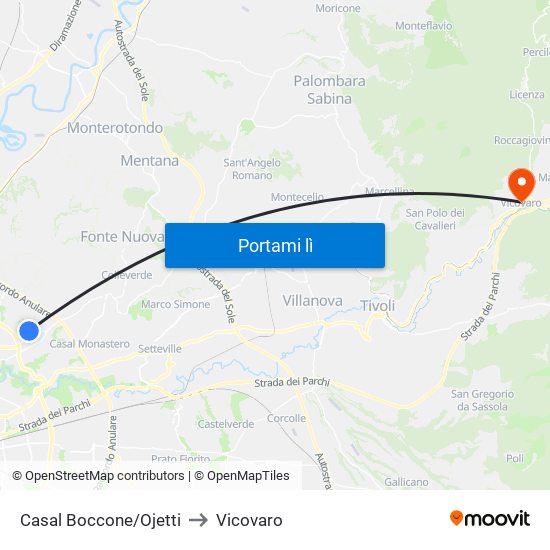 Casal Boccone/Ojetti to Vicovaro map