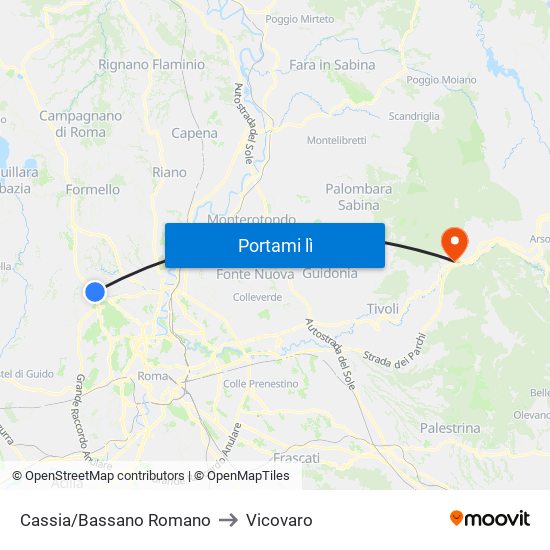 Cassia/Bassano Romano to Vicovaro map