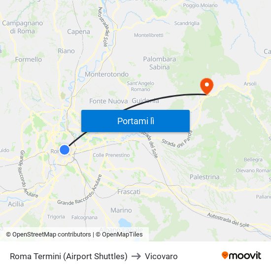 Roma Termini (Airport Shuttles) to Vicovaro map