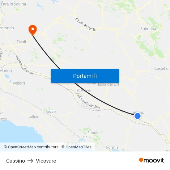 Cassino to Vicovaro map