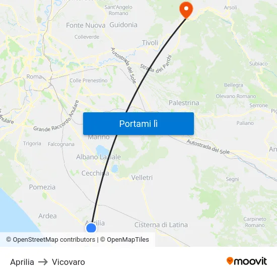 Aprilia to Vicovaro map