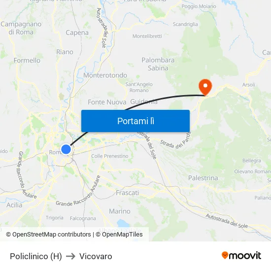 Policlinico (H) to Vicovaro map